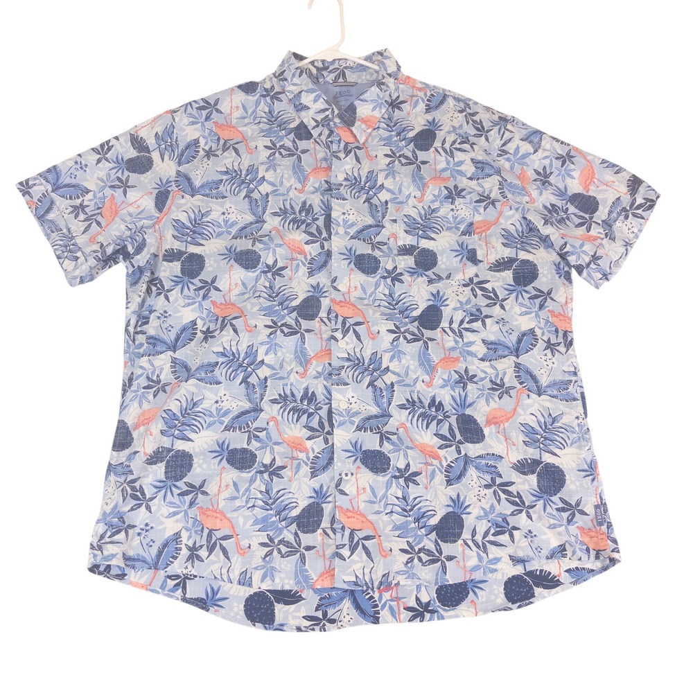 IZOD Saltwater Men XXL Blue Flamingo Pineapple Tropical Button Down Shirt 2XL